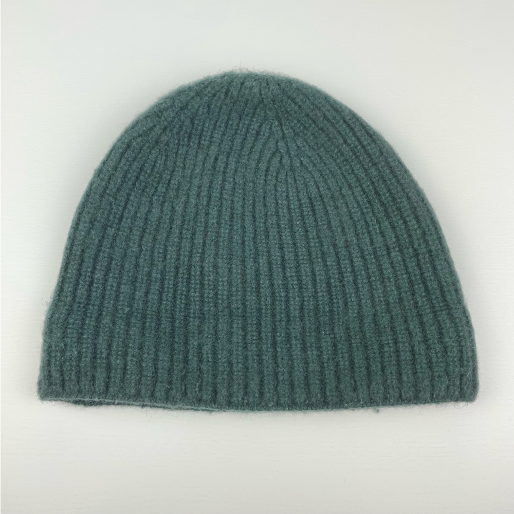 H&M Women's OS 100% Cashmere Ribbed Knit Beanie Hat Fold Over Emerald Green Blue - Picture 3 of 8